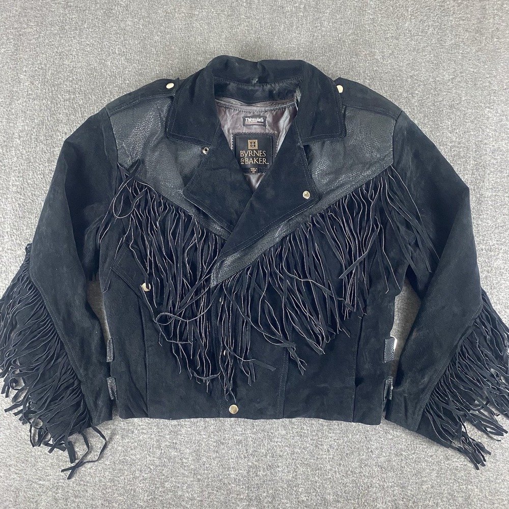 Vintage Byrnes & Baker Leather Fringe Jacket Womens M Western Thinsulate Black